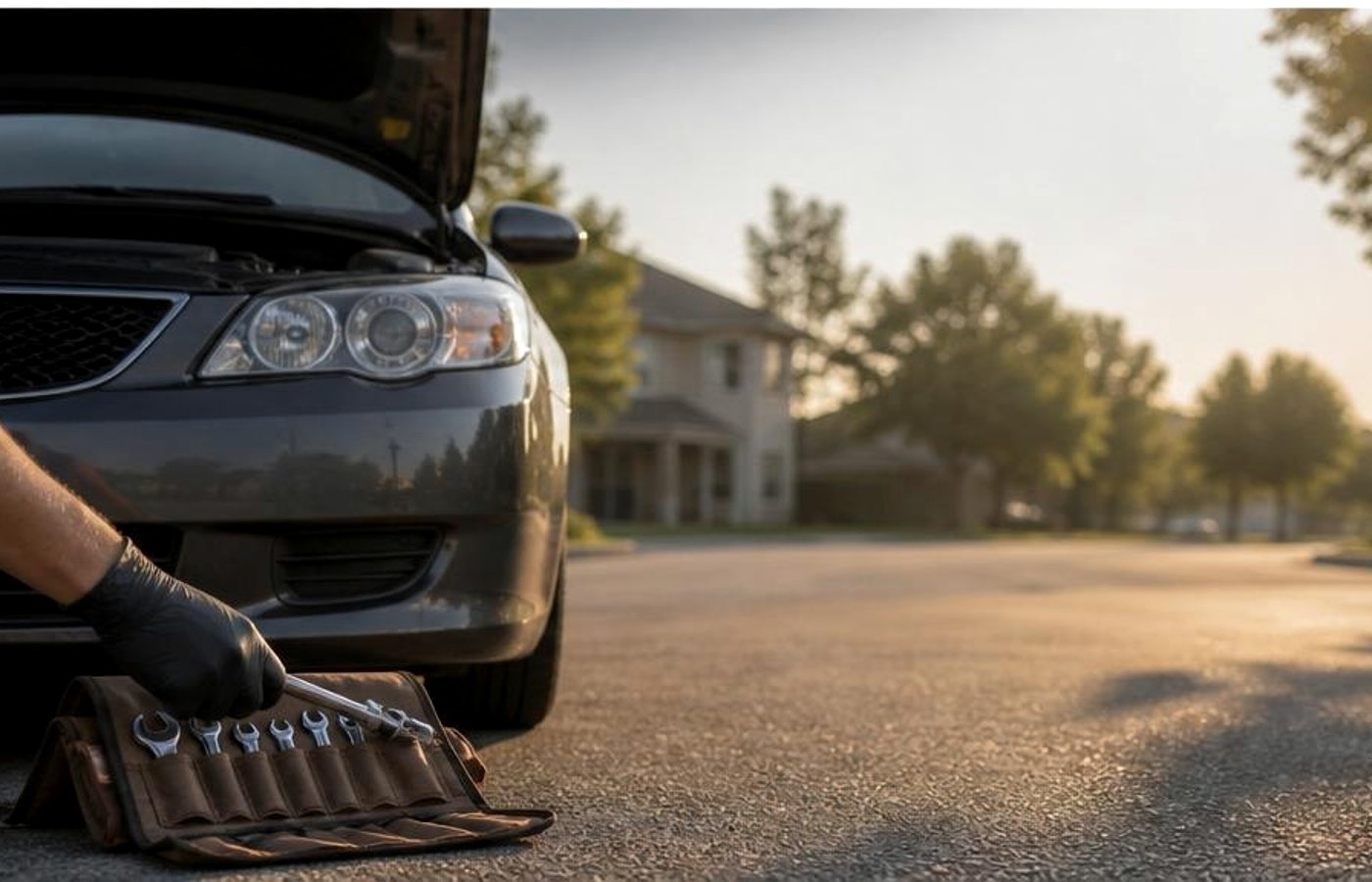 Wrench roll laid out beside a car at a Chattanooga diagnostic call