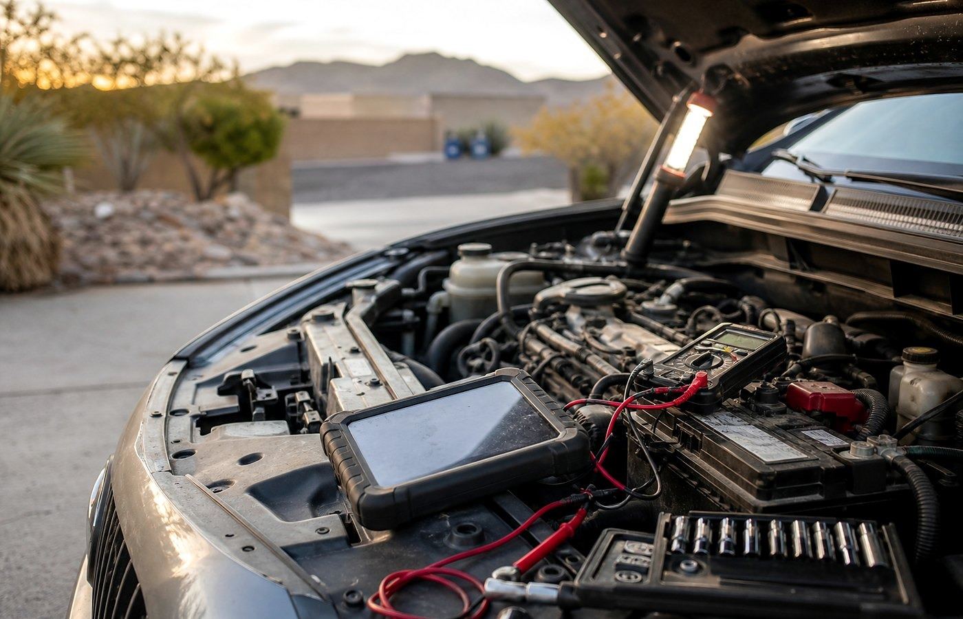 Chattanooga mobile mechanic running scan and meter tests across a battery